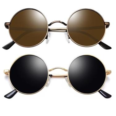 Imagem de Óculos de Sol Joopin Redondos Masculinos e Femininos Polarizados, Pequeno Círculo Hippie Vintage Retrô Steampunk Armação de Metal com Proteção UV (Ouro Preto + Marrom de Bronze)