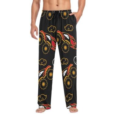 Imagem de linqin Calça de pijama masculina confortável de algodão macio calças de dormir desenho animado caminhão fogo padrão preto pijama parte de baixo, Desenho animado caminhão fogo padrão preto, P