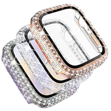 Imagem de Fullife Pacote com 3 capas brilhantes de diamante de cristal compatíveis com Apple Watch de 38 mm com protetor de vidro temperado para iWatch séries 6 5 4 3 2 1 SE, ouro rosa/arco-íris/transparente