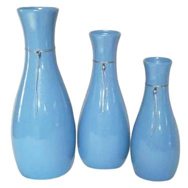 Imagem de Trio Vasos Garrafas Grandes Em Cerâmica Decorativa Azul