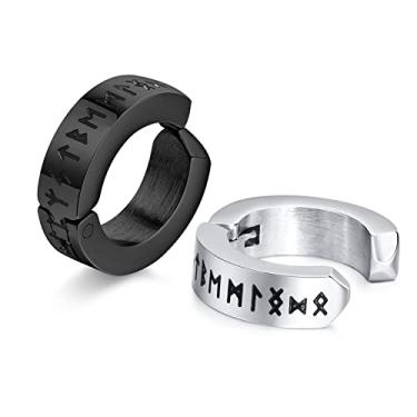 Imagem de FLHEART Brinco de argola nórdico viking para homens - joias de proteção de amuleto presentes de aço inoxidável masculino brincos articulados com runas nórdicas de Futhark Ancião, preto/prata/banhado a
