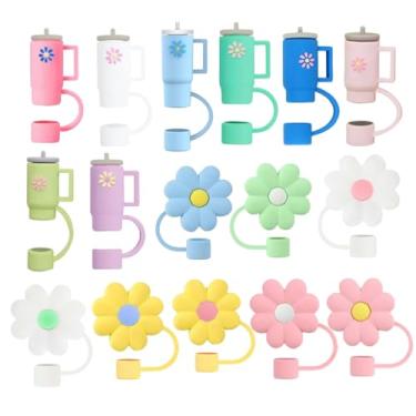 Imagem de Conquerall 16 peças linda tampa de palha em forma de flor e copo de silicone de grau alimentício projetada para uso com canudos de 10 mm Stanley 850 g e acessórios de caneca de 1,134 g
