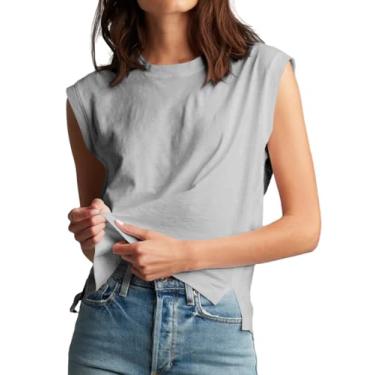 Imagem de Tankaneo Regatas femininas sem mangas 2024 camisetas de verão gola redonda sólida camisetas básicas, Cinza, G