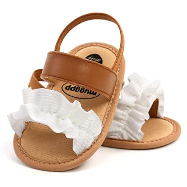 Imagem de GDSDYM Sandálias de verão para bebês meninas com laço de flor, sola macia, sapatos rasteirinhos, para recém-nascidos, primeiros andadores, berço, A02 branco/marrom, 6-12 meses
