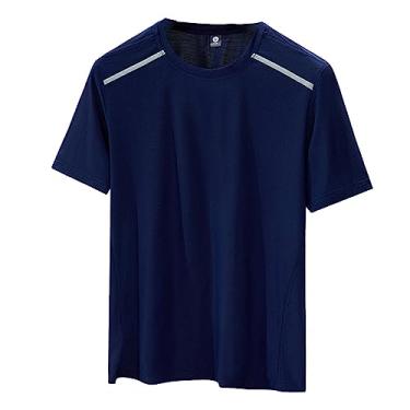 Imagem de Camiseta masculina atlética de manga curta, secagem rápida, leve, lisa, elástica, lisa, Azul-escuro, XXG