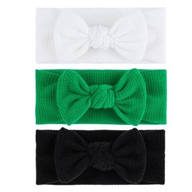 Imagem de Lanmerry Bandanas de cabelo para bebês meninas Dia de São Patrício com laços, elásticos, acessórios de cabelo feitos à mão, recém-nascidos, crianças, 3 unidades, preto, branco, verde