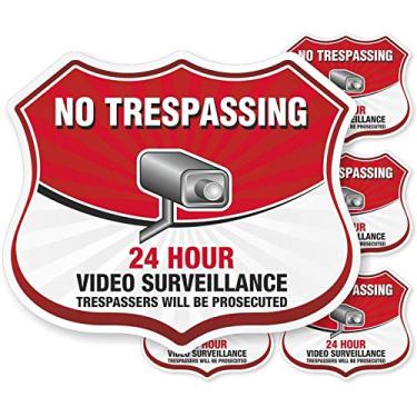 Imagem de SmartSign Conjunto de decalques "24 Hour Video Surveillance, No Trespassing" | Pacote com cinco etiquetas adesivas refletivas EG de 7 x 8 cm