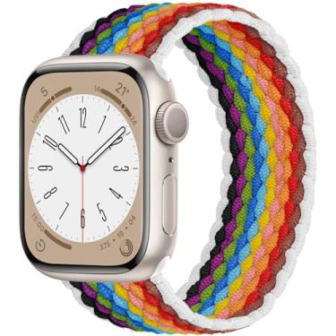 Imagem de OMECKY Pulseira de renda solo compatível com Apple Watch S9/8/7/6/5/4/3 42/44/45 mm, pulseira esportiva trançada elástica de nylon fofa para iWatch SE, M arco-íris branco