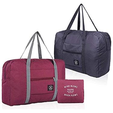 Imagem de Bolsa de viagem dobrável à prova d'água, bolsa de viagem feminina, feminina, masculina, bolsa de lona para o fim de semana, bolsa de mão de viagem com alça de carrinho (listras azul e vermelha),