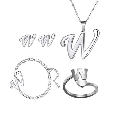 Imagem de Loqimu Pacote com 4 conjuntos de joias iniciais de aço inoxidável para mulheres, anéis de prata, pulseiras, brincos com pingente, colar, gargantilha maiúscula, corrente, brincos de orelha, presente,