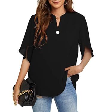 Imagem de Funlingo Tops femininos de verão camisas casuais de manga curta gola V chiffon blusa elegante tops, 01 preto, 4G