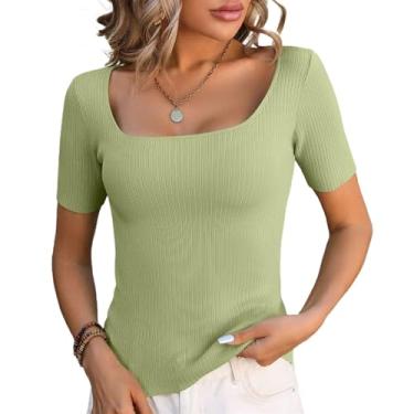 Imagem de ZZIDOU Camiseta feminina meia manga gola quadrada 2024 verão apertado moletom de seda gelo manga curta, Verde, GG