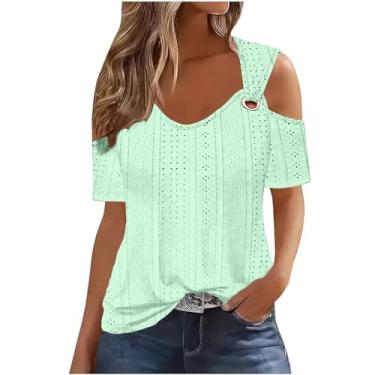 Imagem de Lainuyoah Camisetas femininas vazadas com gola V, manga curta/estampa sem mangas, blusa moderna com abertura para o verão, E-mint Green, XXG
