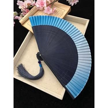 Imagem de YQHWLKJ Leque dobrável estilo japonês, leque feminino de seda real, flor pequena esculpida, gradiente, leque em branco para presentes de aniversário, cosplay, casamento, decoração de casa