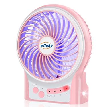 Imagem de efluky Mini ventilador de mesa de 3 velocidades com luz LED, ventilador USB portátil silencioso para casa, escritório, viagens, acampamento, ao ar livre, interior, 12 cm, rosa