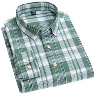 Imagem de Camisa masculina de algodão xadrez listrada de linho com bolso único confortável para respiração e manga comprida com botões, 5-5, M