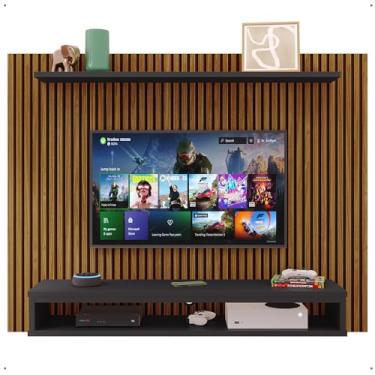Imagem de Estante Painel Parede Suspenso Tv 40 42 47 48 Polegadas Prateleira Superior Decorativa Nicho Organizador Sala Quarto - RPM (Ripado Freijó/Preto)
