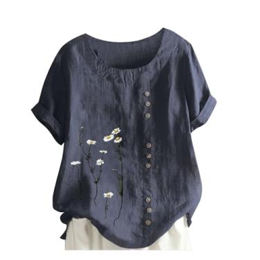 Imagem de Lainuyoah Camisetas femininas de linho de algodão com caimento solto, manga curta, estampa floral, gola redonda, blusa bordada boho retrô, D - Azul-marinho, 4G