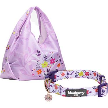 Imagem de Blueberry Pet Pacote com 2 produtos inspirados em perfume de primavera em lavanda - tamanho médio coleira de cachorro e estampa de flores silvestres bolsa de compras leve ecológica reutilizável