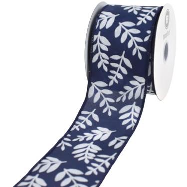 Imagem de HOMEFORD Ramos de samambaia flocados fita de cetim com fio, 6,5 cm, 10 metros, azul marinho