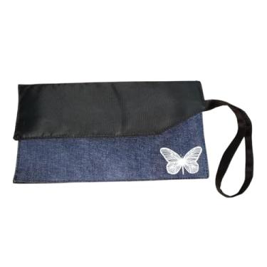 Imagem de Carteira Feminina Necessaire Jeans Nylon Cluth Alça Mão porta celular óculos maquiagens documentos dinheiro Moda blogueira estampa de borboleta