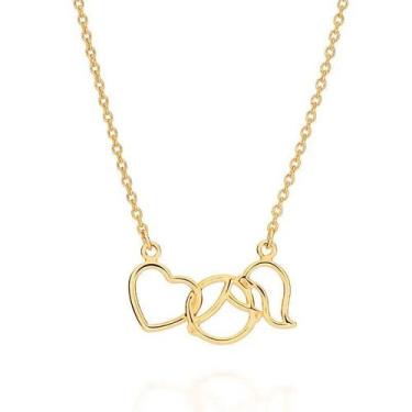 Imagem de Colar de ouro 18k feminino coração elo cadeado e menina cabelo preso r