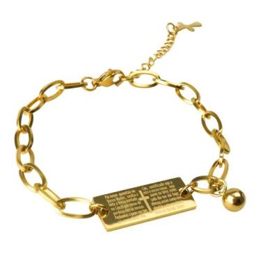 Imagem de pulseira masculina dourada aço banhada + pingente pai nosso oração rel
