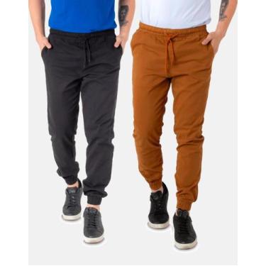 Imagem de Kit 2 Calças Sarja Jogger Elástico Masculina Boen Jeans Preta e Carame