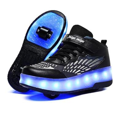 Imagem de GIMKOUNN Tênis feminino com 2 rodas recarregável por USB, patins para iniciantes com 16 modos de luz de LED, para crianças, meninos, calçados estilosos unissex, 02 preto, 11 Little Kid