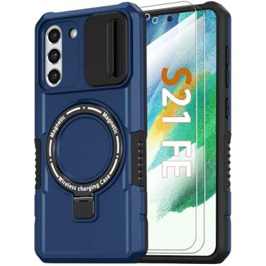 Imagem de Capa magnética para Samsung Galaxy S21 FE 5G, com suporte de anel [protetor de tela de vidro] [compatível com MagSafe] Capa de grau militar com capa para câmera, capa à prova de choque para Samsung