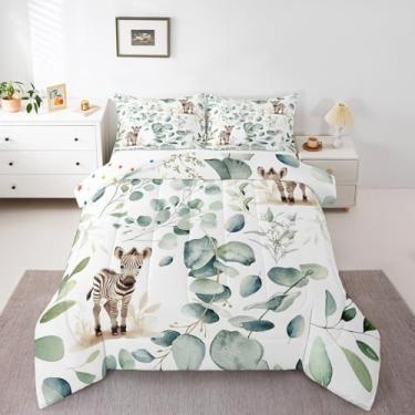 Imagem de Erosebridal Jogo de cama solteiro de zebra fofo para crianças, eucalipto verde, animais da floresta, com enchimento de folhas de plantas, edredom e edredom de cavalo de desenho animado