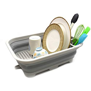 Imagem de SAMMART Escorredor de pratos dobrável com placa de drenagem – Conjunto de prateleira de secagem dobrável – Organizador de louça portátil – Bandeja de armazenamento de cozinha para economia de espaço, Cinza, 1