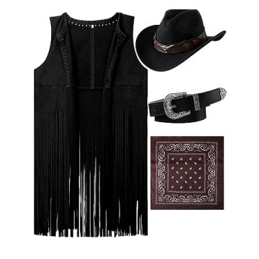Imagem de Hercicy Roupas femininas ocidentais caubói borla colete sem mangas chapéu de cowboy cinto e bandana Paisley para vestido de Halloween, Preto, G