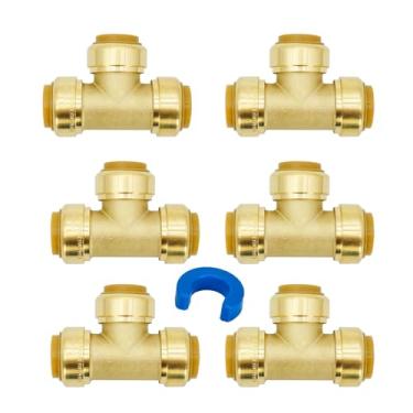 Imagem de Z LTP43301 Conexões em T Pushfit 3/10.2 cm, Conexões T de encanamento Push-to-Connect para PEX, cobre, CPVC, latão sem chumbo com clipe de desconexão, pacote com 6 - Essenciais de encanamento para