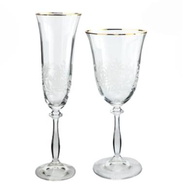 Imagem de Jogo de Taças Cristal Champanhe e Água Decorada Borda Ouro Angela 12unidades
