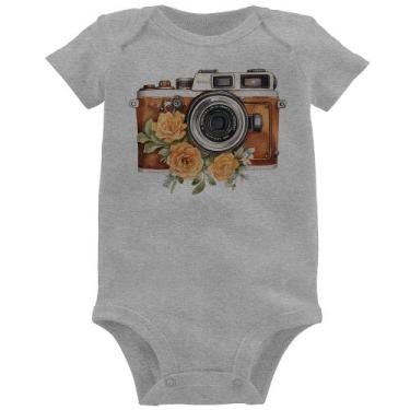 Imagem de Body Bebê Máquina Fotográfica Vintage e Flores - Foca na Moda, Cinza, 