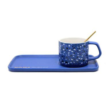 Imagem de Kit Xícara Com Travessa De Porcelana Granulite Azul Home e Colher Dour