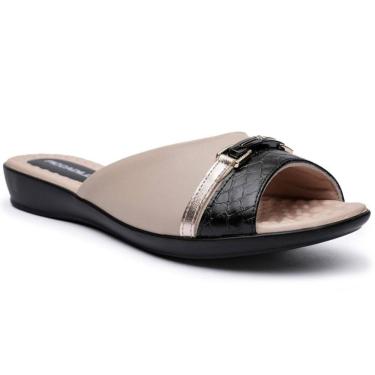 Imagem de Tamanco Piccadilly Bicolor Metal Salto Baixo - Preto e Bege