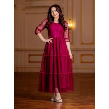 Imagem de Vestido Longo Rodado Tule Elegante Festa Manga 3/4 - Fashion, Marsala,