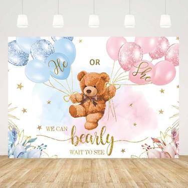 Imagem de Caheansi 1,5 x 0,9 m de fundo revelador de gênero urso de bebê balão de ar quente rosa e azul com fundo de flores boho para fotografia, festa de chá de bebê, adereços de cabine de fotos