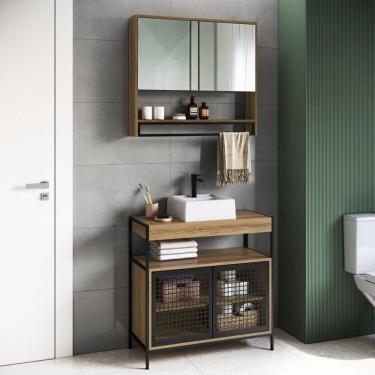 Imagem de Gabinete de Banheiro Industrial de Chão 80cm P1038 com Cuba Sobrepor e Espelheira Preto/Mel