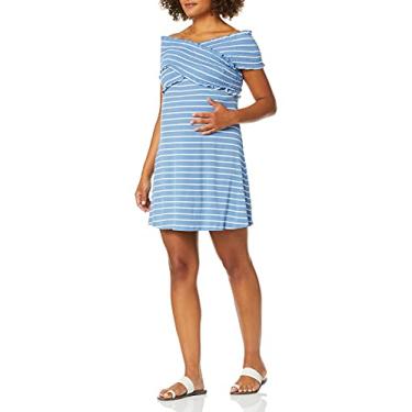 Imagem de Maternal America Vestido feminino de ombro de fora cruzado para gestantes, Listra índigo, P