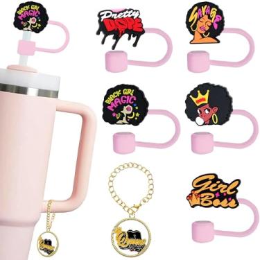 Imagem de Capa de canudo Black Girl compatível com Stanley Tumbler - 5 peças de capa de canudo de silicone e 1 peça de acessórios de copo de charme fofo - Topper de palha reutilizável para meninas negras,