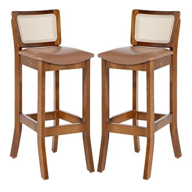 Imagem de Kit 2 Banquetas Alta com Encosto Rattan Portugal Estofada Impermeável Caramelo L85 RMI
