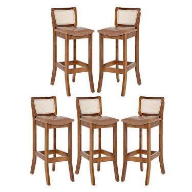 Imagem de Kit 5 Banquetas em Madeira com Encosto Rattan Portugal Estofado Impermeável Caramelo L85 RMI