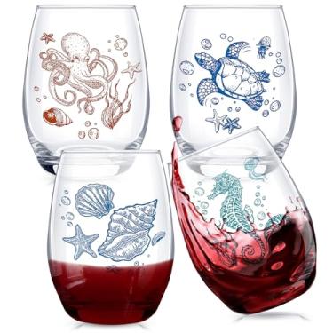 Imagem de Jingmore 4 peças de taças de vinho sem haste de verão de 540 ml, tartaruga, estrela do mar, polvo, concha de concha, presentes para amantes de tartarugas marinhas, presentes de aniversário exclusivos
