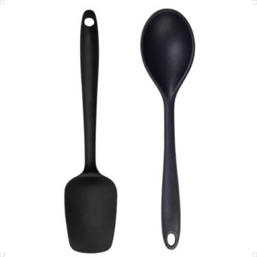 Imagem de Kit Colher e Espátula de Silicone Premium Utensílios para Cozinha Flexível e Resistente ao Calor Ideal para Preparar Alimentos Não Risca as Panelas (Preto)
