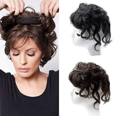 Imagem de Peruca de substituição de cabelo humano natural com presilha de cabelo encaracolado em peça de cabelo curto com tecelagem de cabelo para mulheres 13 x 14 cm marrom escuro 10 polegadas