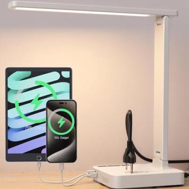Imagem de COZOO Lâmpada de mesa LED com 3 portas de carregamento USB e 2 saídas CA, 3 temperaturas de cor e 3 níveis de brilho, função de toque/memória/temporizador, luz de leitura dobrável de 10W, fonte de lâmpada para estudantes