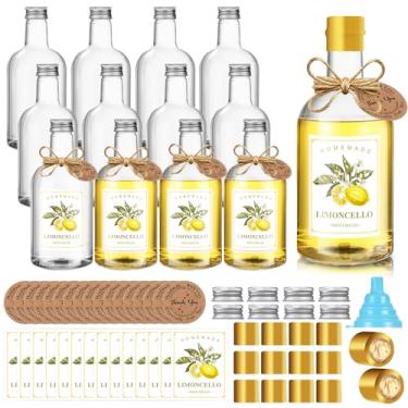 Imagem de Baderke Conjunto de 12 garrafas de limoncello de plástico de 473 ml com tampas e etiquetas, recipientes de vinho caseiros e etiquetas para lembrancinhas de festa de casamento (douradas)